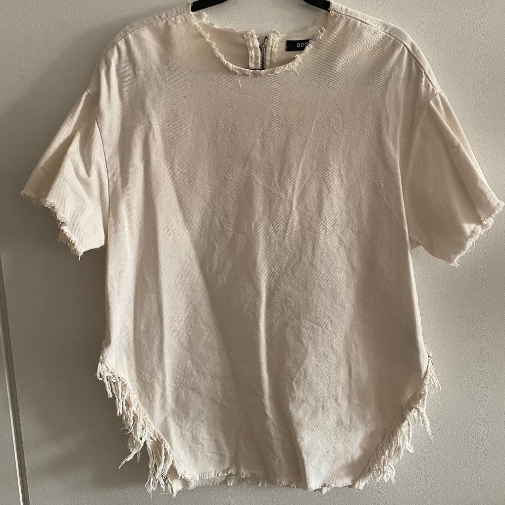 BDG Cream White Denim Tunic with Frayed Fringe